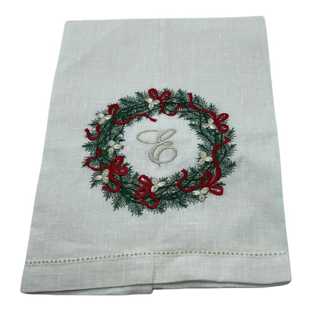 Embroidered  Monogram Letter E Christmas Linen Handtowel Wreath Design